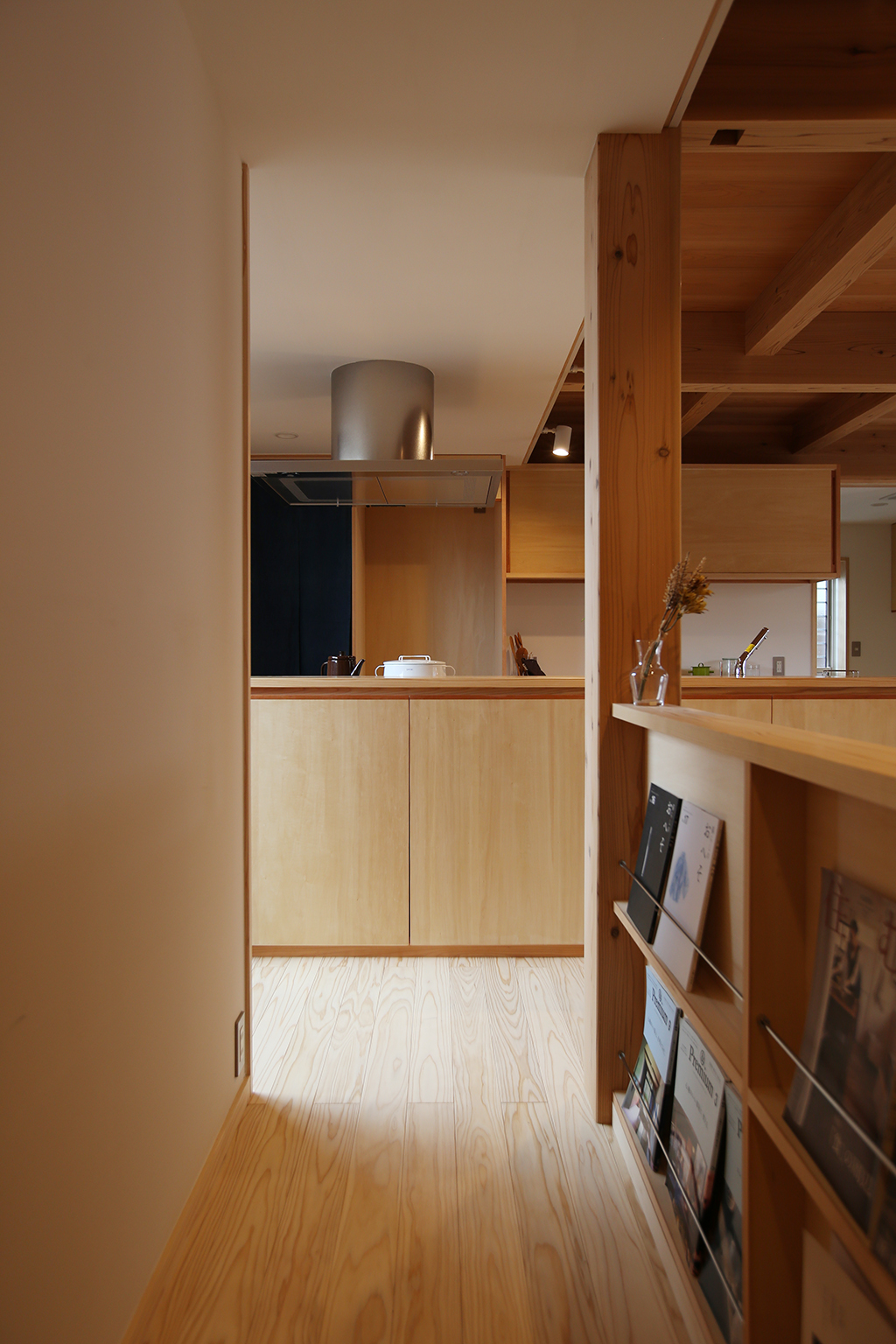 姫路市の木の家 ソファ背面の腰壁の本棚