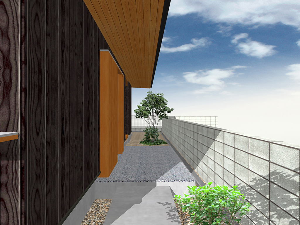 神戸市の木の家イメージ 旅するアプローチと広がりを生む玄関